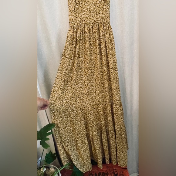 Y2K Mustard Floral Maxi Dress with V-Neck  Tiered Skirt and Spaghetti Straps - Picture 3 of 5